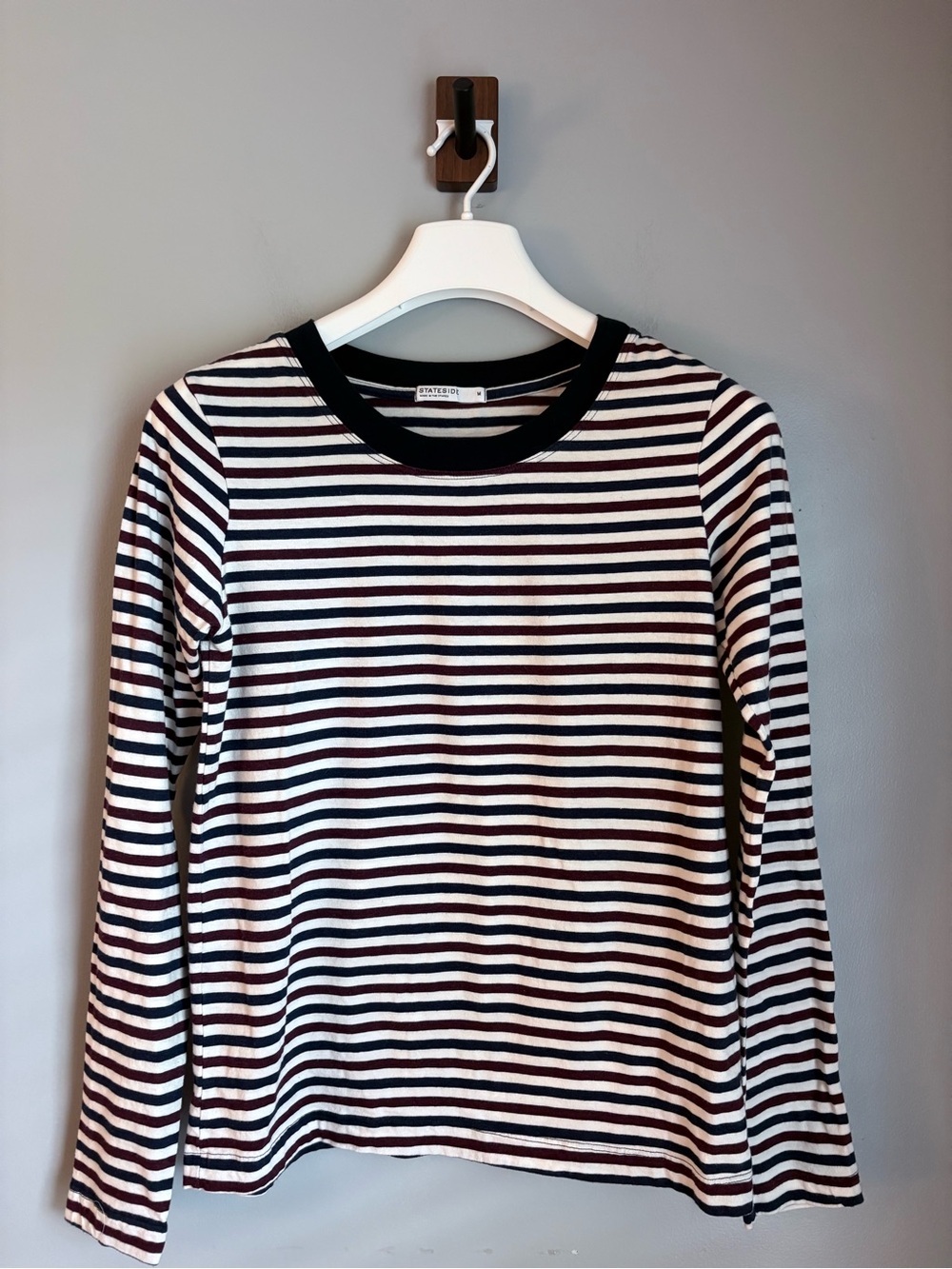 Stateside Made in USA Striped Long Sleeve Crewneck Tee Medium Burgundy Navy